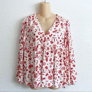 Graceatwood The Drop Floral Red Orange V-Neck Peasant Long Sleeve Top MEDIUM